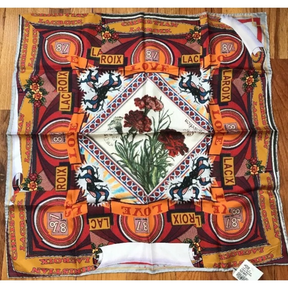 Christian Lacroix Printed Silk Scarf Signature Carnation design 26 x 26 NWT